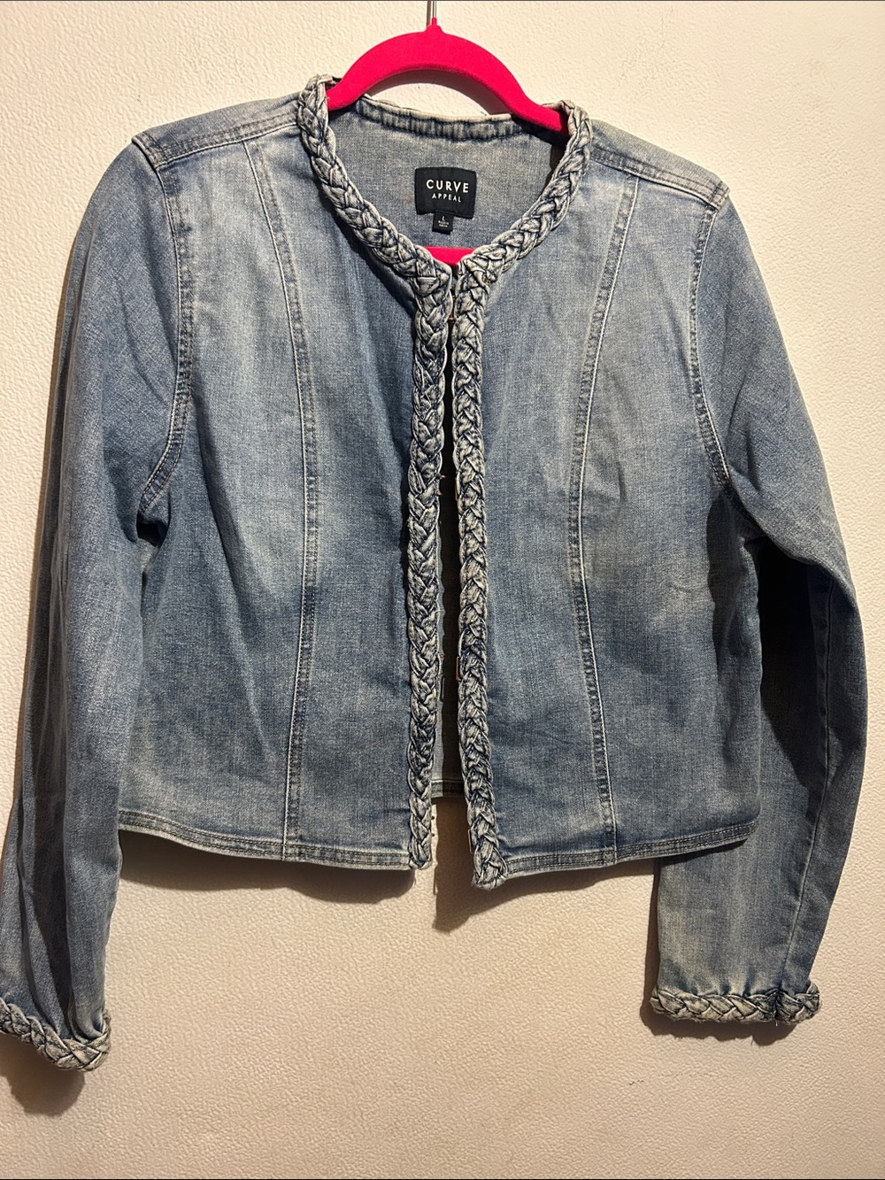 Curve Apparel Girls' Light Blue Braided-Trim Denim Jacket